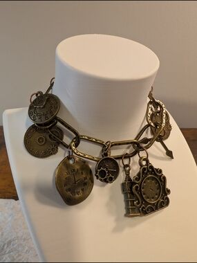 "About Time" Antique Brass Charm Bracelet with Clock Charms